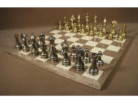Brass Camelot Themed Chessmen & Leatherette Cabinet Board Chess Set Brown - Fancy Chess