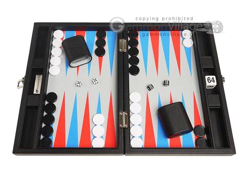 13-inch Premium Backgammon Set - Black with Scarlet Red and Patriot Blue Points