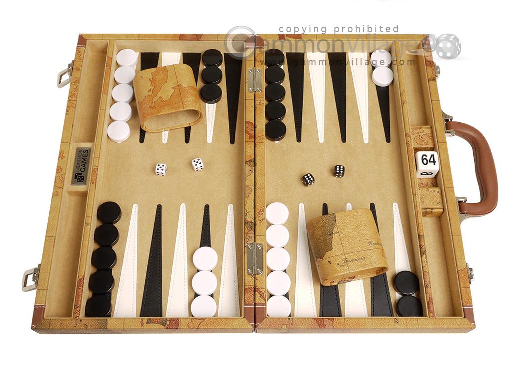 Leatherette Backgammon Set with Beautiful Old World Map Design 18 inch