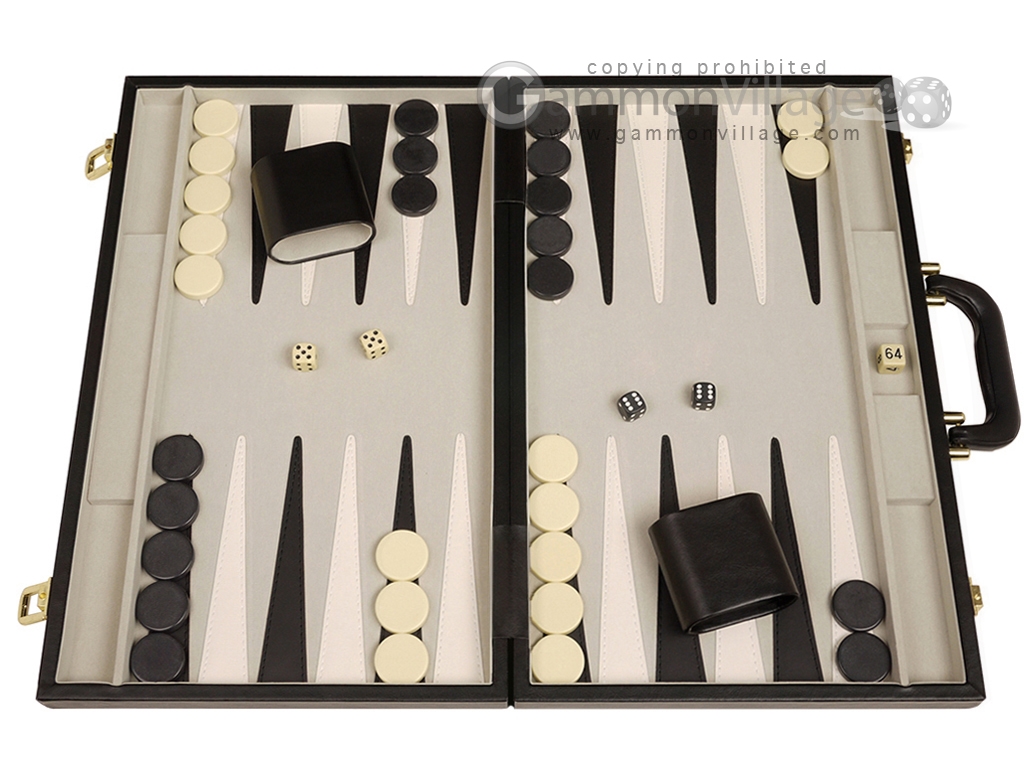 15-inch Leatherette Backgammon Set By GammonVillage – Black/Grey