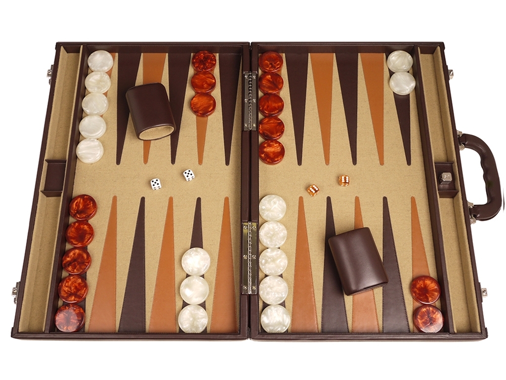 21-inch Professional Leather Backgammon Set By Aries - Brown/Beige