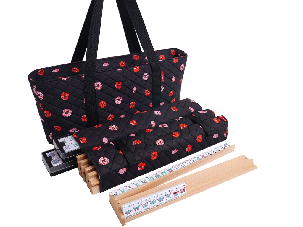 Linda Li Mahjong Set - White Tiles - Black Poppy Soft Bag