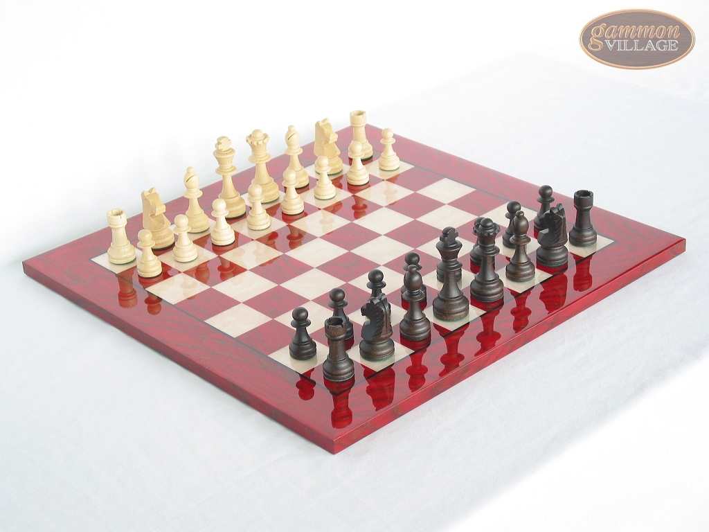 Executive Staunton Chess Set - Italian Lacquered Wood Board - Red