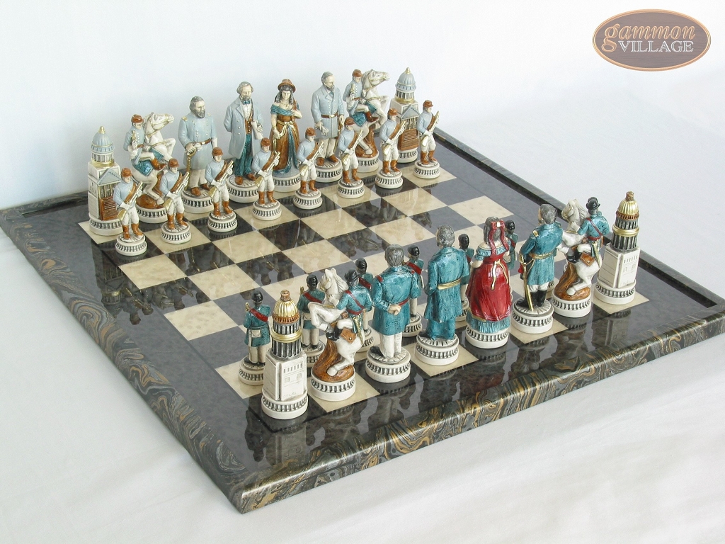 US Civil War Chess Set BLACK & MAPLE WOOD STORAGE board 16" CONFEDERATE vs UNION 