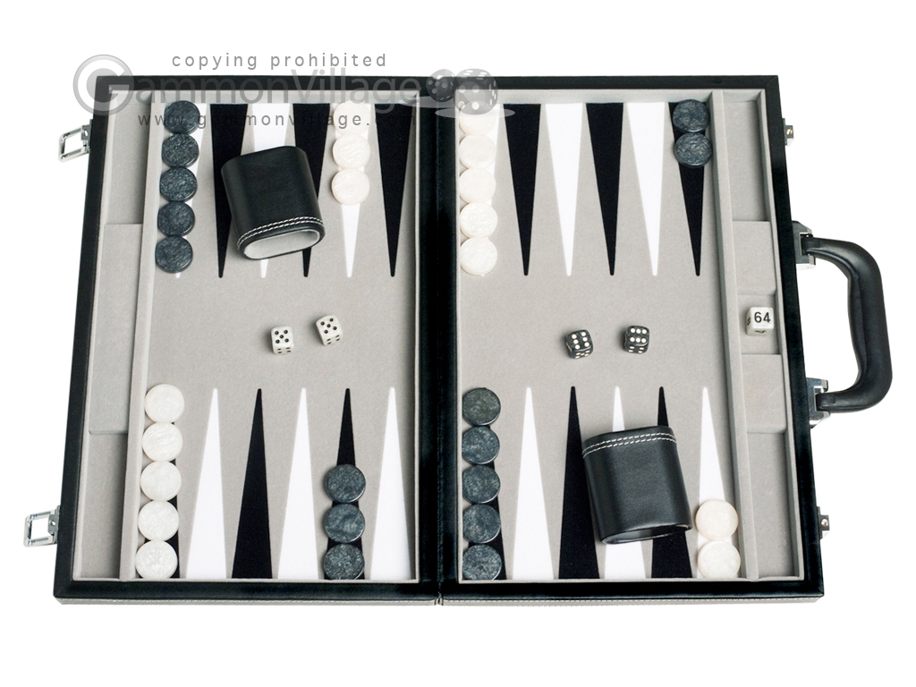 15-inch Leatherette Backgammon Set - Inlaid Velvet Field - Black/Grey