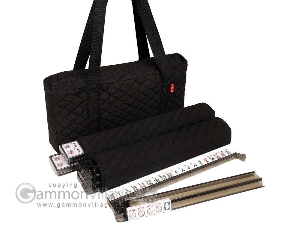 Linda Li Mahjong Set - Black Soft Bag - White Tiles - Modern Pushers