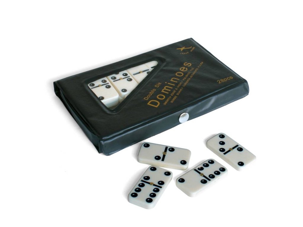 DOUBLE 6 Dominoes White Tiles with Black Dots and Spinners in Vinyl Case