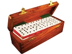 DOUBLE 6 Two-Tone Red + White Dominoes Set - With Spinners - Wood Box