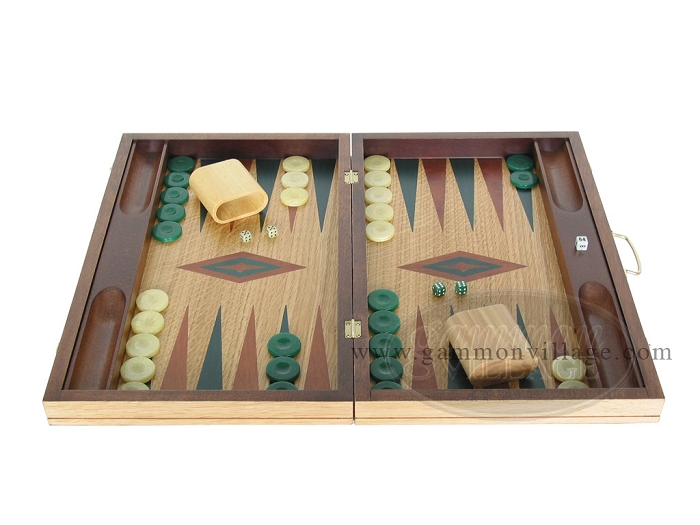 19-inch Inlaid Oak Folding Wood Backgammon Set - Green