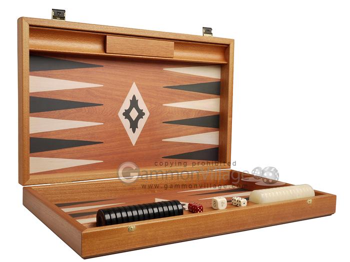 19-inch Wood Backgammon Set by Manopoulos – Mahogany w/Side Racks