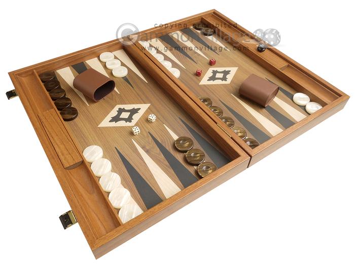 19-inch Wood Backgammon Set by Manopoulos – Walnut w/Printed Field