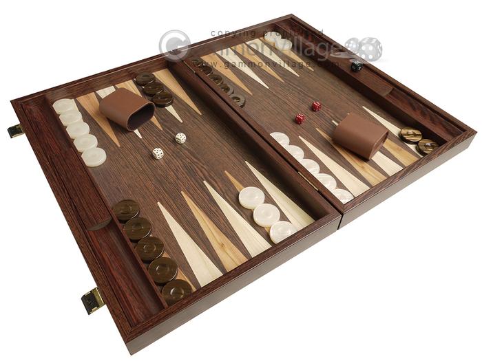 19-inch Wood Backgammon Set by Manopoulos – Wenge w/Side Racks