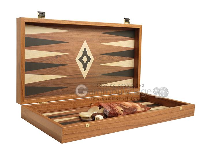 19-inch Wood Backgammon Set - Walnut w/ Printed Field - Greece