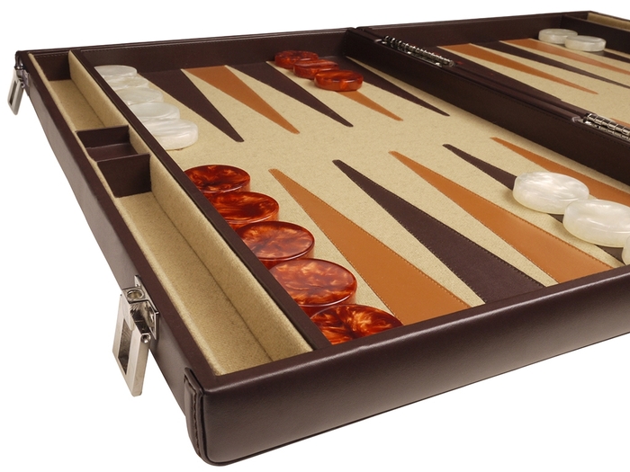 21-inch Professional Leather Backgammon Set by Aries - Brown/Beige