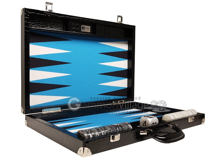 Wycliffe Brothers® 21-inch Tournament Backgammon Set - Black Croco Case  with Blue Field - Gen III