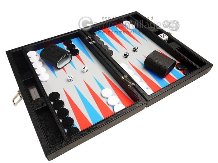 13-inch Premium Backgammon Set - Black with Scarlet Red and Patriot Blue  Points