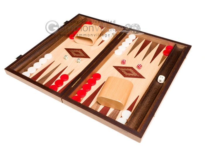 Manopoulos Compact Oak and Walnut 15-inch Backgammon Set with side racks 