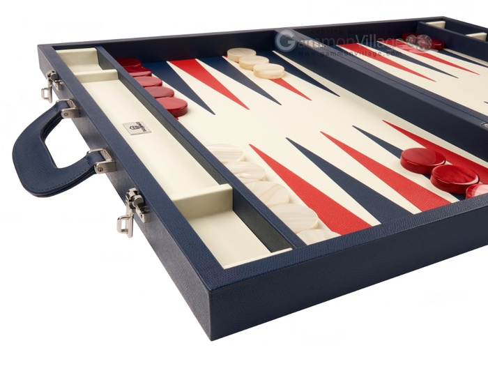 23-inch Large Leather Backgammon Set by Zaza & Sacci - Blue/Cream