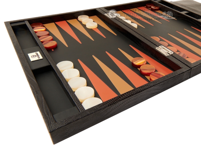 15-inch Travel Backgammon Set by Zaza & Sacci - Leather - Black Lizard